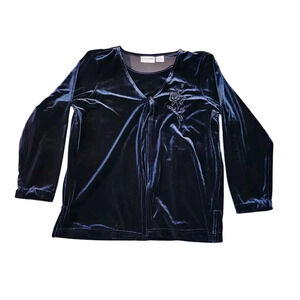 Alfred Dunner Women's Size 10 Petite Black Velour Double Top Embroidered Rose